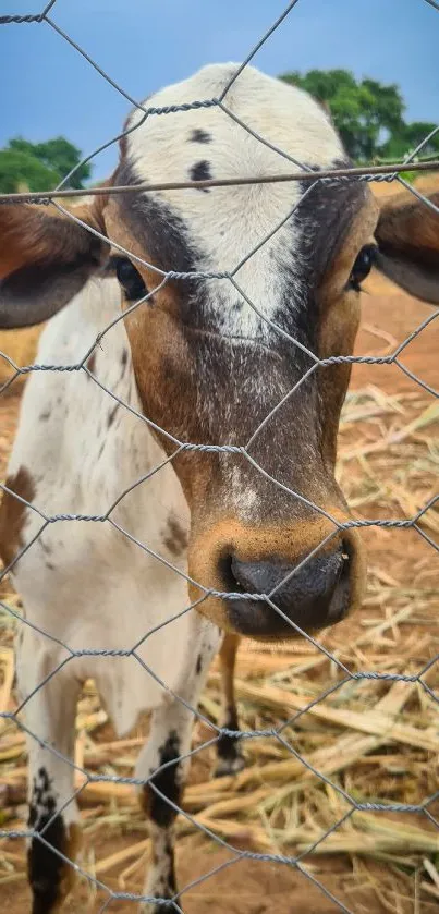 Cow stands behind a metal wire fence on a farm.