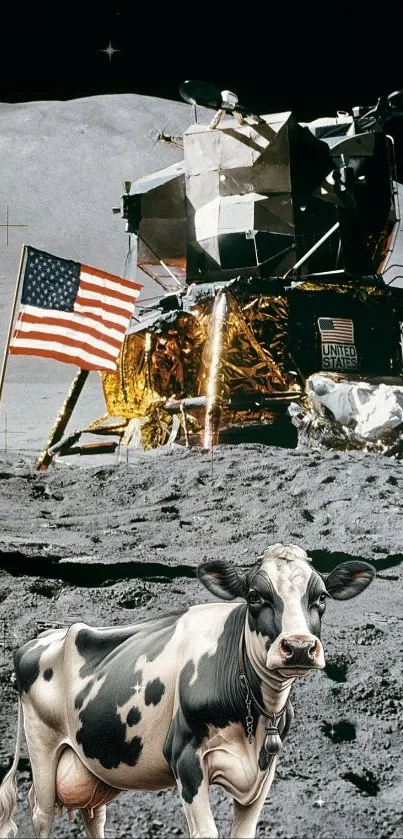 Humorous moon scene with cow and lunar module.