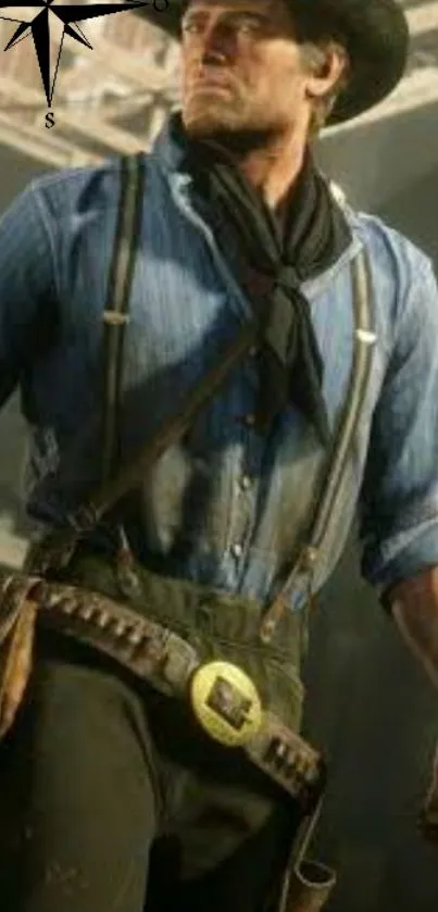 Rugged cowboy in classic Western attire with a gun and hat.