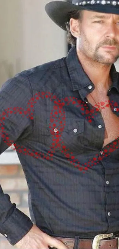 Rugged cowboy in black shirt with red heart patterns.