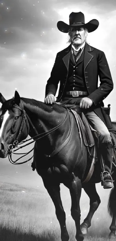 Black and white cowboy on horseback in a vast landscape.