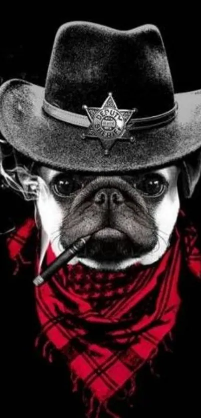 Pug dressed as cowboy with red bandana and sheriff badge.