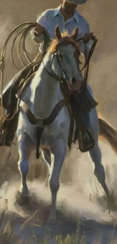 Dynamic painting of a cowboy riding a horse.