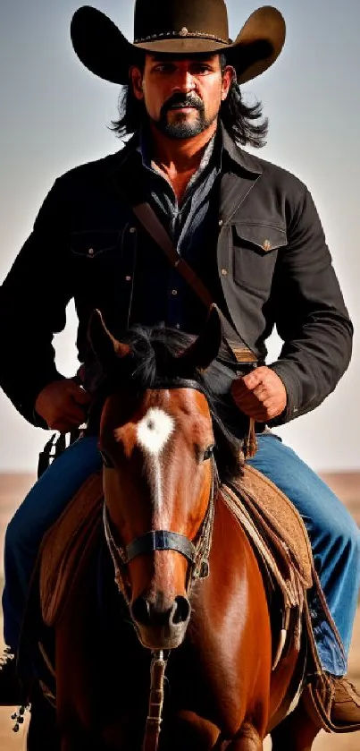 Cowboy riding a horse in a desert landscape.