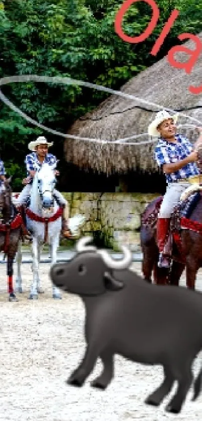 Riders in a rodeo with a playful bull graphic.