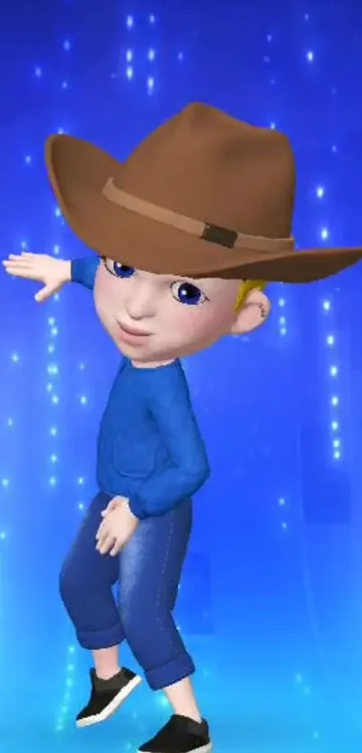 Cartoon character in cowboy hat on blue background.