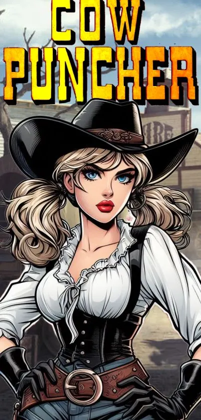 Comic-style cowgirl in western setting wallpaper