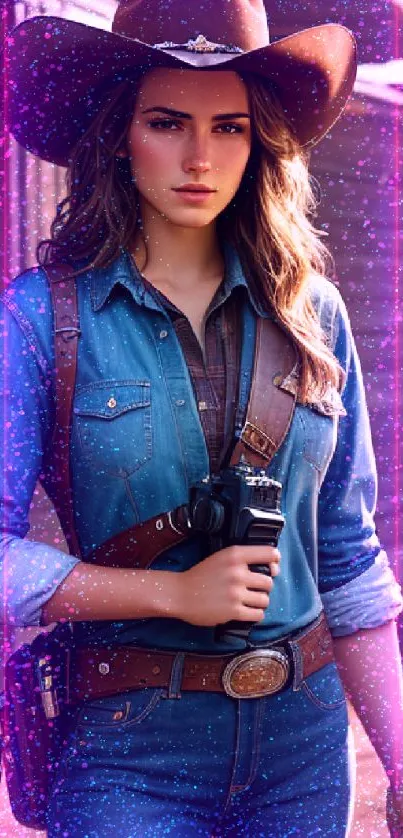 Cowgirl in denim attire with cowboy hat in rustic setting.