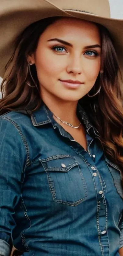 Cowgirl in denim shirt and hat with mountain backdrop.