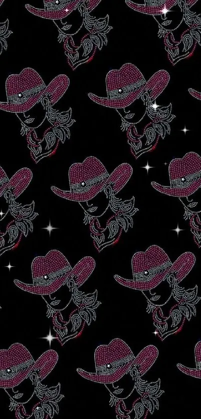 Neon cowgirl pattern on a black background mobile wallpaper.