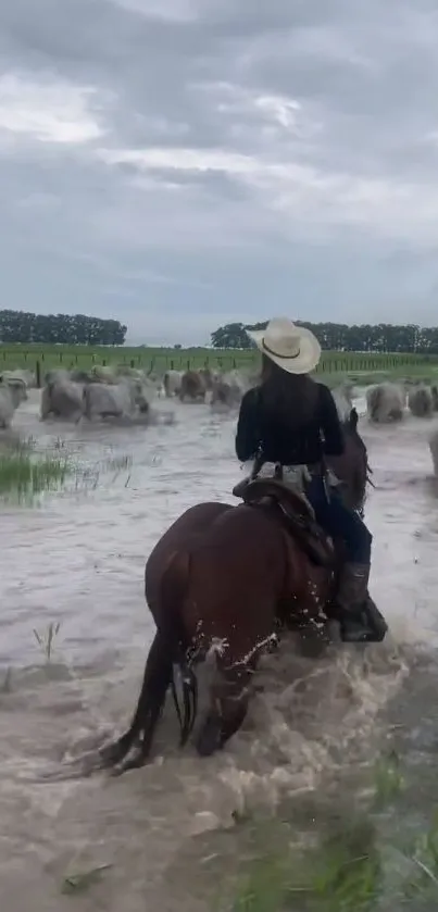 Cowgirl riding a horse through a stream with cattle in a lush field.