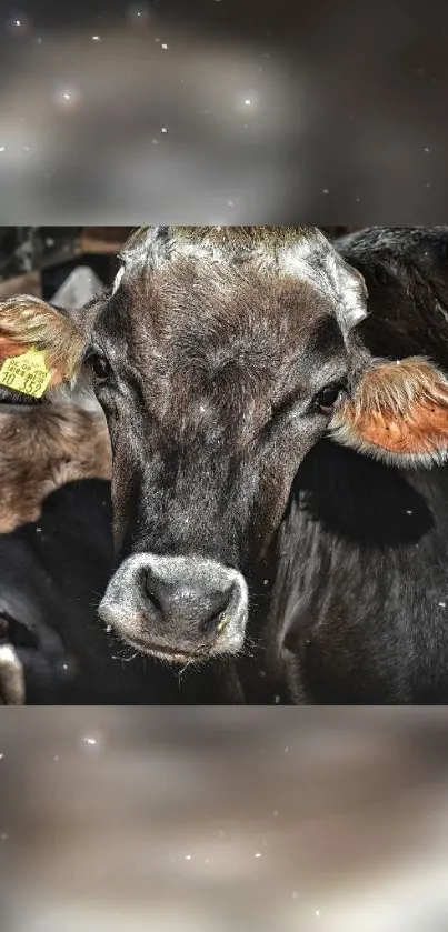 Cow with cosmic background on phone wallpaper.