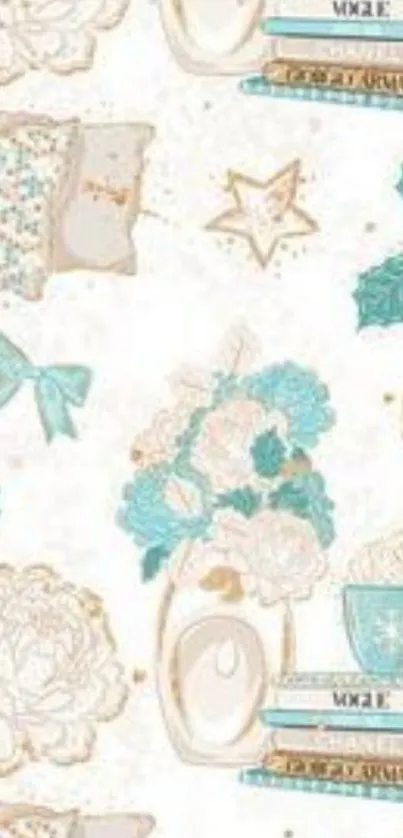 Cozy aesthetic wallpaper featuring floral motifs with teal and beige colors.