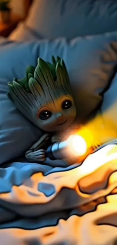 Cute alien character holding flashlight in bed