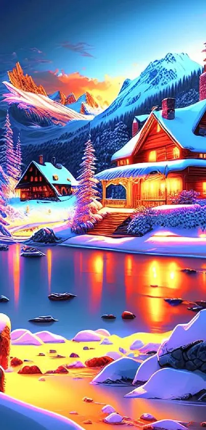 A cozy alpine cabin by a snowy lake at sunset with glowing lights.