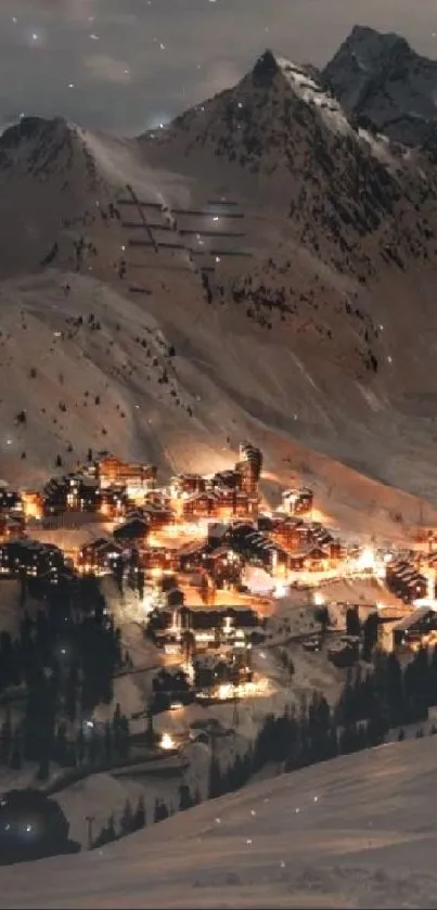 Snowy alpine village illuminated at night with warm glowing lights.