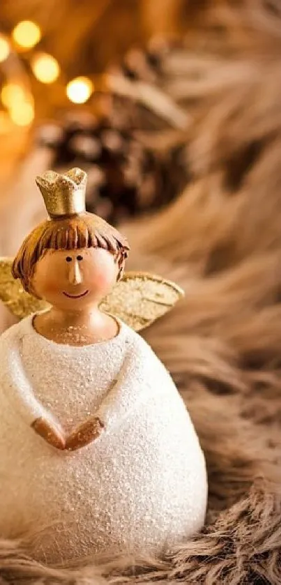 Cozy angel figurine with gold wings on fuzzy brown background.