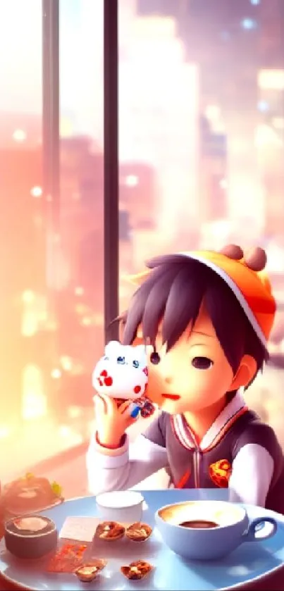 Animated character enjoys coffee in a cozy café setting.