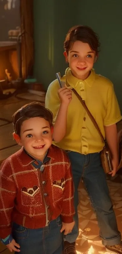 Animated kids smiling by a cozy fireplace.