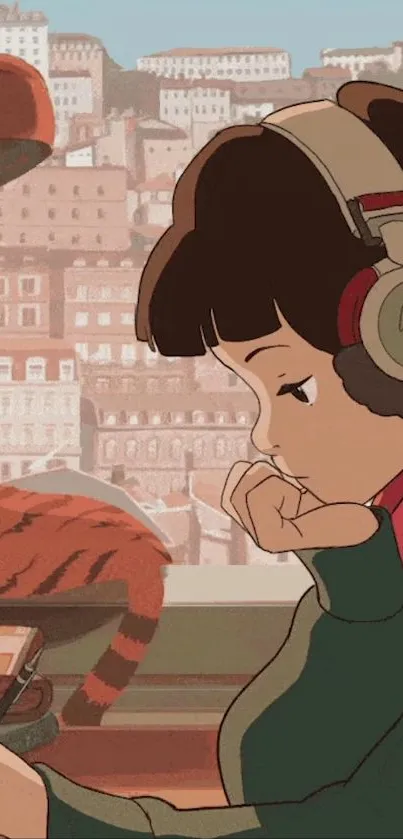 Animated girl studying with headphones in cozy urban room.