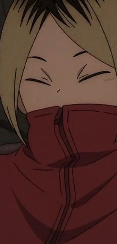 Anime character with cozy maroon outfit, peaceful expression.