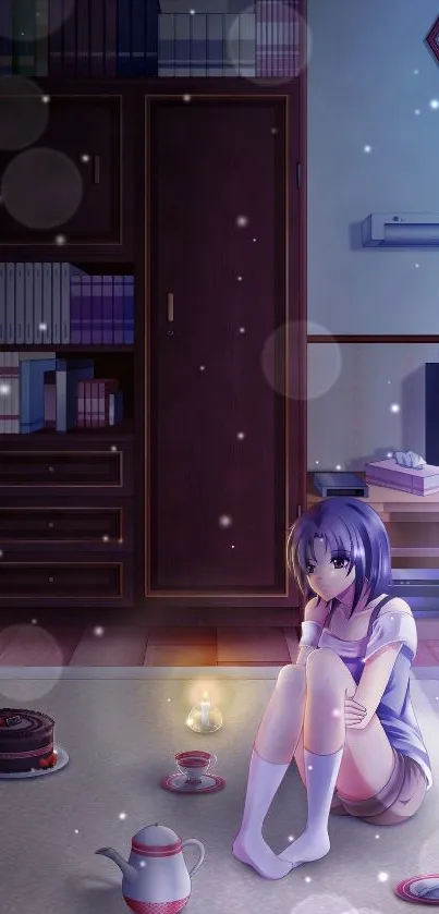 Anime girl in cozy evening room with purple hues.