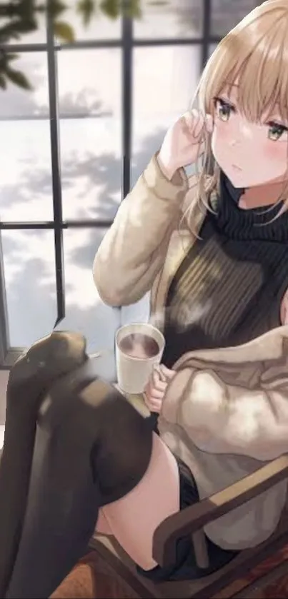 Cozy anime girl sipping coffee by the window.