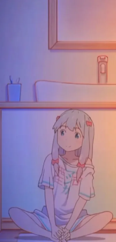 Anime girl sitting indoors with a cozy ambiance.