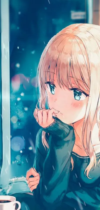 Anime girl looking out rainy window, cozy scene.