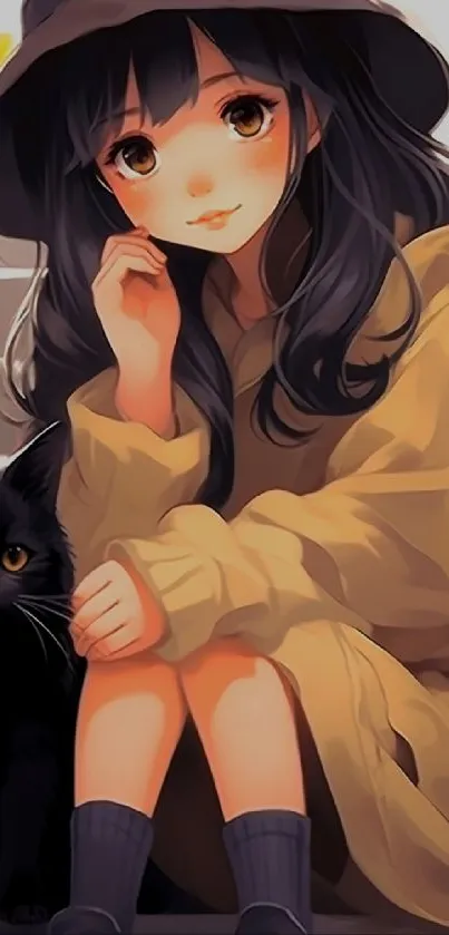 Cute anime girl with hat and black cat in cozy digital art.