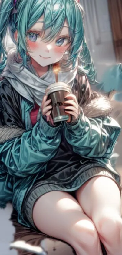 Anime girl with teal jacket enjoying coffee indoors.