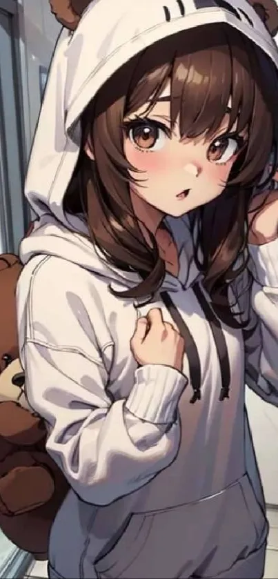 Anime girl in hoodie with teddy bear mobile wallpaper.