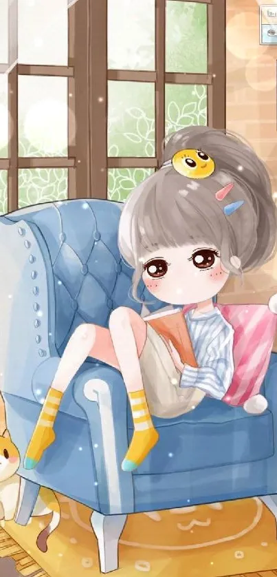 Anime girl reading in a blue chair with a cute cat by her side.