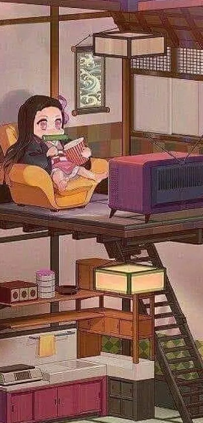 Anime character in a cozy room with a vintage TV and colorful decor.