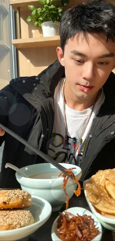 Young man dining with Asian cuisine in a cozy setting.