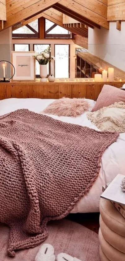 Cozy attic bedroom with pink blanket and wood accents.