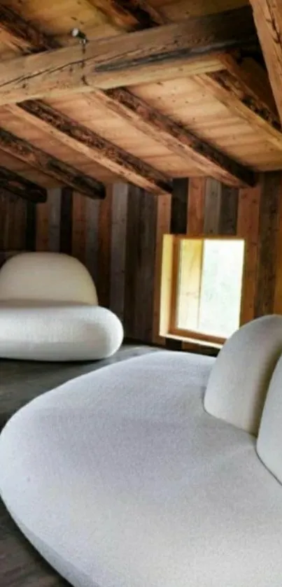 Cozy attic interior with modern white furniture and rustic wooden beams.