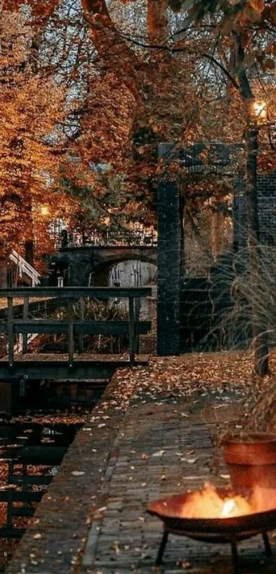 Scenic autumn bridge with firepit and colorful foliage