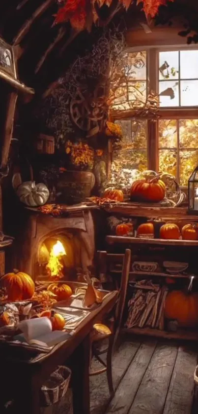 Warm autumn-themed cabin wallpaper with pumpkins and a cozy interior.