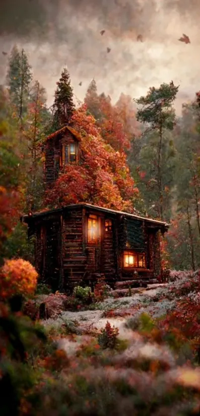 Autumn cabin nestled in a vibrant forest landscape.