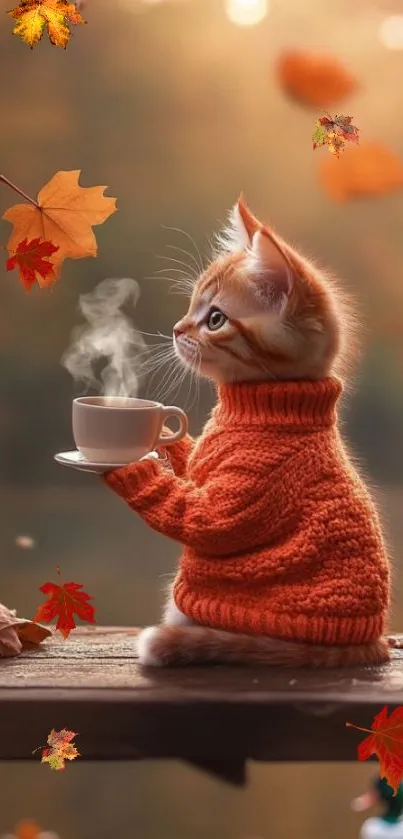 Kitten in an orange sweater sipping tea with autumn leaves floating.