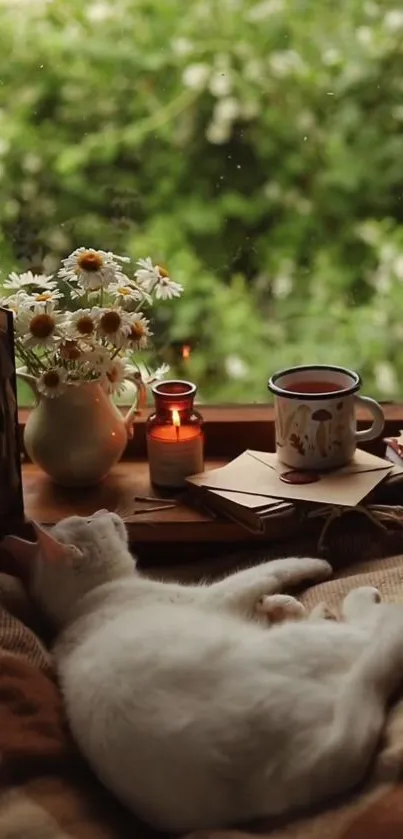 Cozy autumn scene with a sleeping cat and daisies in a rustic window view.