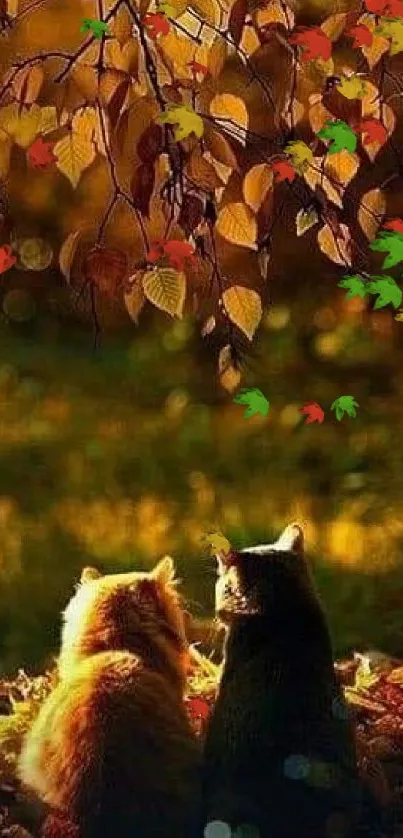 Autumn scene with two cats under golden leaves.