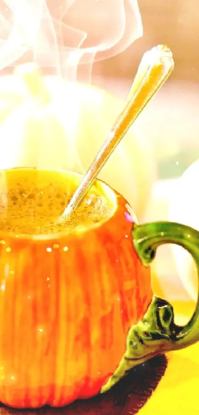 Steaming coffee in a pumpkin mug, surrounded by autumn decor.