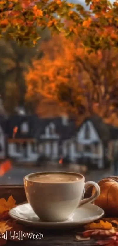 Cozy autumn scene with coffee, pumpkin, and vibrant leaves.