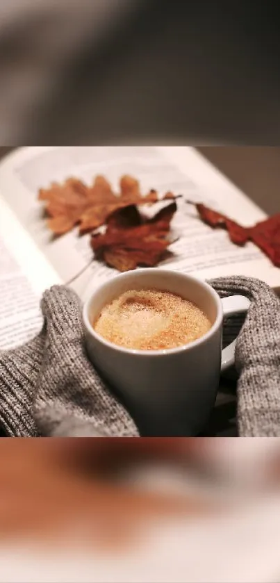 Warm autumn coffee with book and leaves.