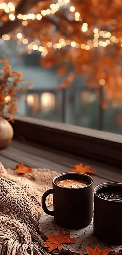 Autumn setting with two coffee mugs.