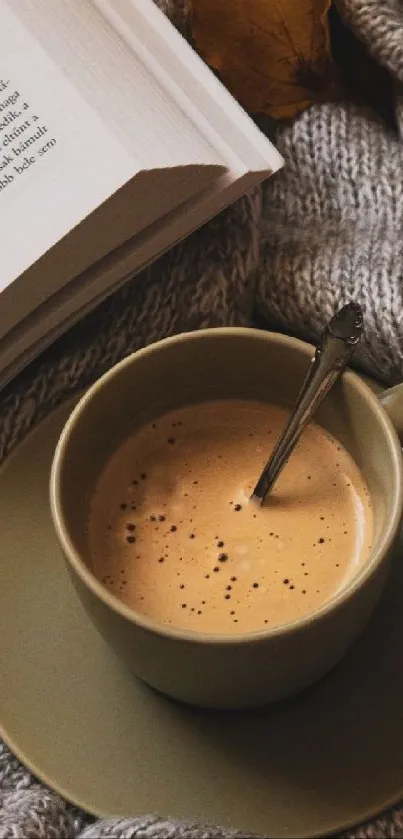 Cozy autumn scene with coffee and book on knit blanket.