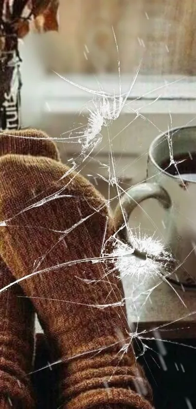 Cozy cracked screen wallpaper with brown socks and coffee.