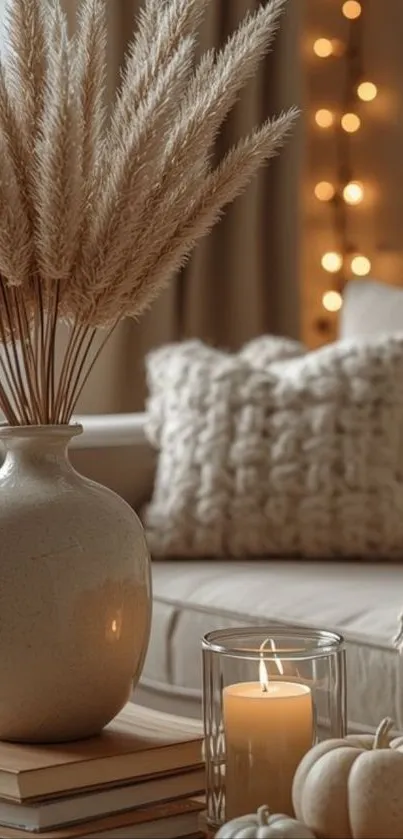 Cozy living room with pampas grass and candlelight.